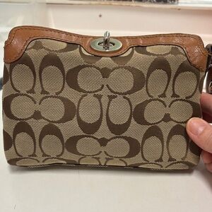Coach Brown/Tan Signature Canvas Wristlet with Leather Trim***